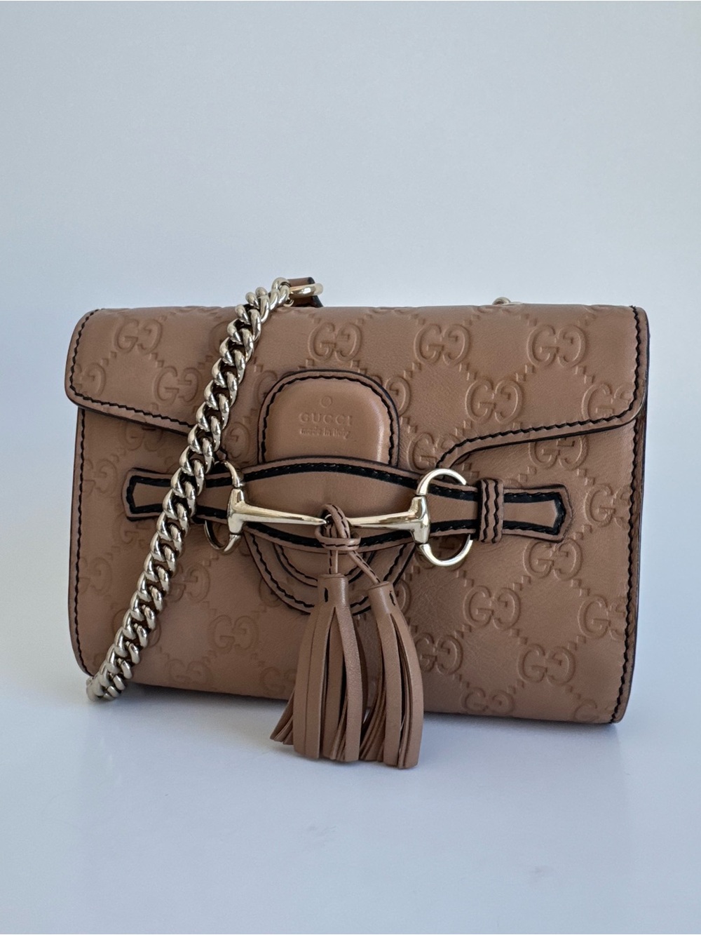Gucci Emily Mini Guccissima Leather Shoulder Crossbody Bag Beige Tan Chain